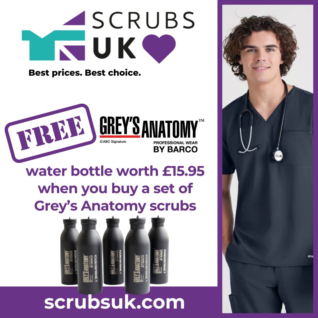 ScrubsUK: Stay hydrated and stylish with ScrubsUK by getting a free Grey's Anatomy water bottle worth £15.95 with every order of Grey's Anatomy Scrubs