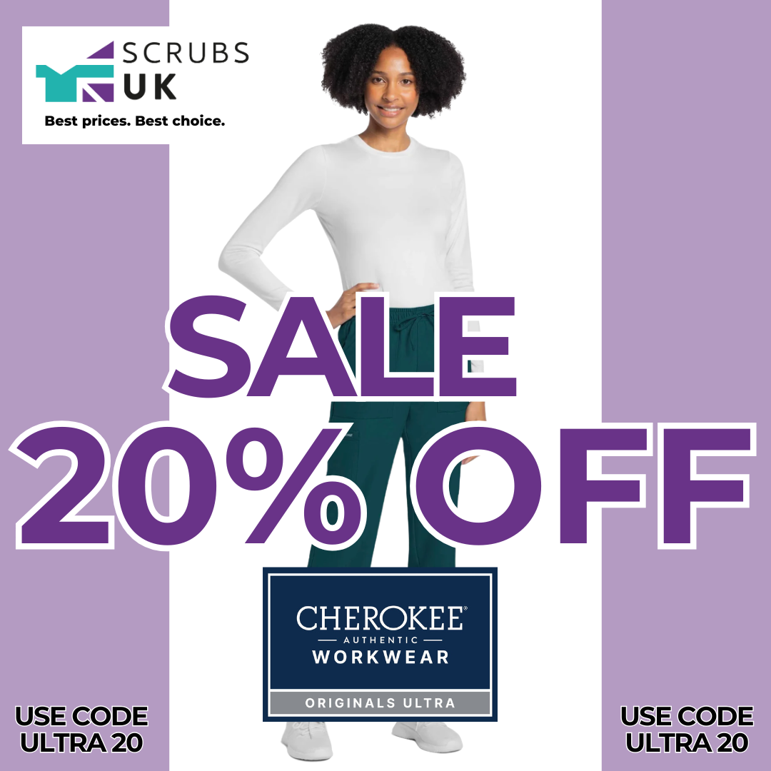 Get 20% off Cherokee Ultra scrubs at ScrubsUK.com, comfort, style and performance scrubs for doctors, nurses, vets and healthcare professionals